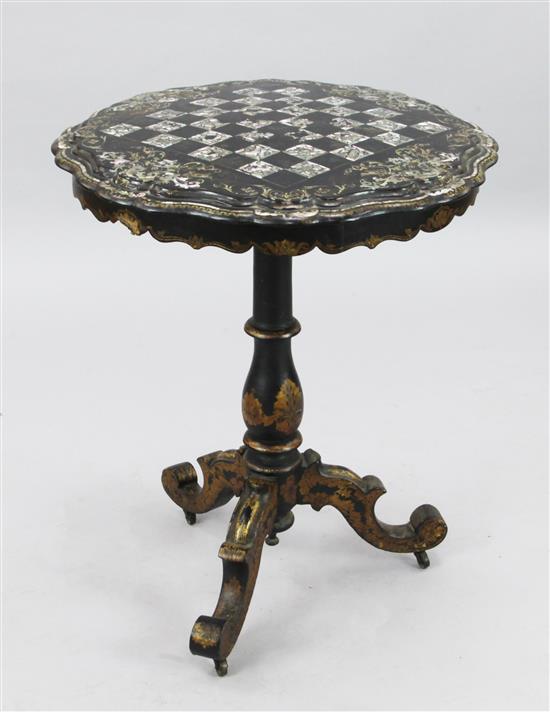 A Victorian papier mache games table, W.2ft 1in. H.2ft 6in.
